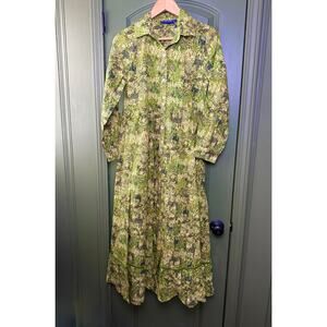 NWT Ro's Garden Jinette Maxi Animal Print Shirt Dress Jungle Tiger Green XS